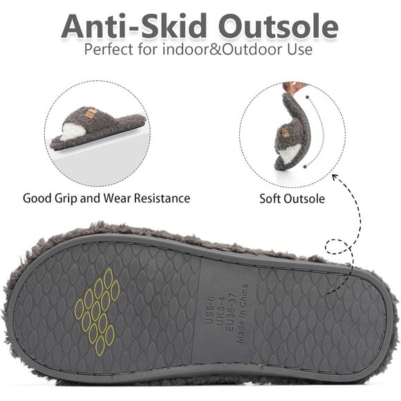 ⚡Women’s Grey White Faux Fur Cozy Fuzzy Cross Band Slippers Indoor House Shoes - Picture 5 of 6